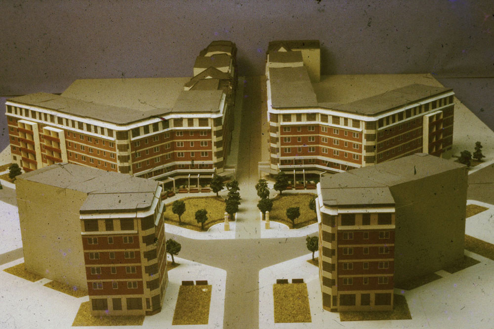 Experimentalbauvorhaben Innere Westvorstadt, Dorotheenplatz. Modellfoto, um 1984, Büro des Chefarchitekten. Foto: Stadtarchiv Leipzig