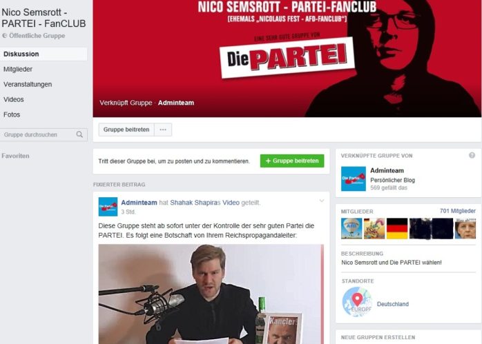 Nico Semsrott steht nun anstelle von Nicolaus Fest (AfD) zur Wahl. Screenshot Facebookgruppe Die PARTEI