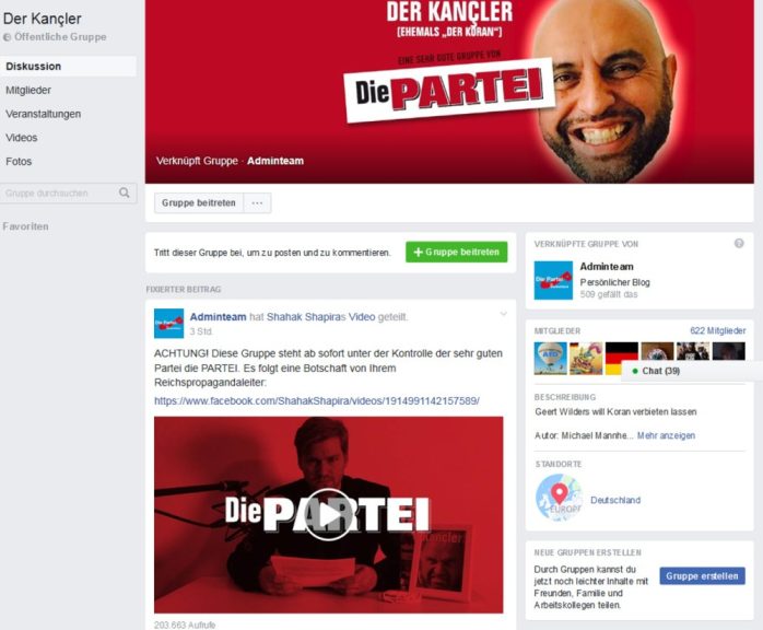 So oder ähnlich sahen heute auf einmal 31 Gruppenseiten bei Facebook aus: Die Machtübernahme der PARTEI. Screen PARTEI-Gruppe "Der Kancler" - vormals "Der Koran"