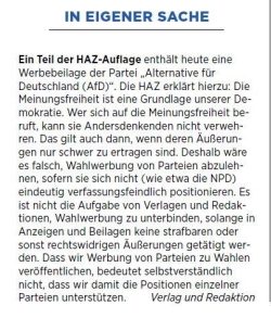 Erkl&auml;rung der HAZ zur Wahlwerbung der AfD. Screen: HAZ, Samstagsausgabe 16.09.2017