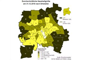 Die durchschnittliche Haushaltsgröße nach Ortsteilen. Grafik: Stadt Leipzig / Statistischer Quartalsbericht 2 / 2017