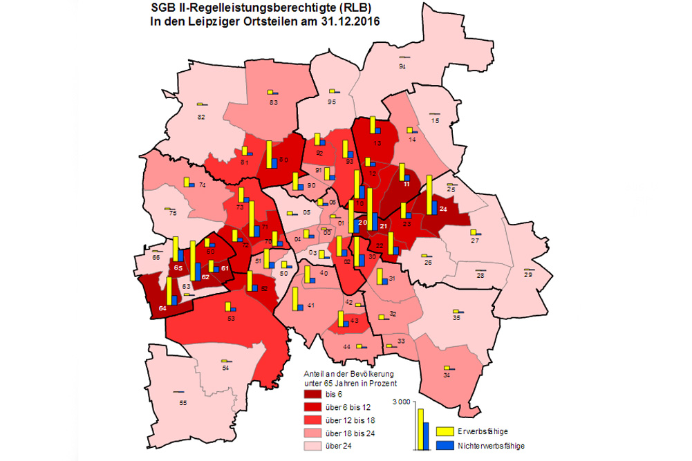 Anteil der SGB-II-Bezieher nach Ortsteilen. Grafik: Stadt Leipzig, Statistischer Quartalsbericht