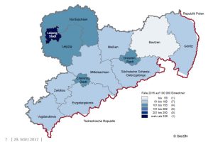 Wohnungseinbruchdichte in Sachsen. Grafik: Freistaat Sachsen, Polizeiliche Kriminalstatistik 2016