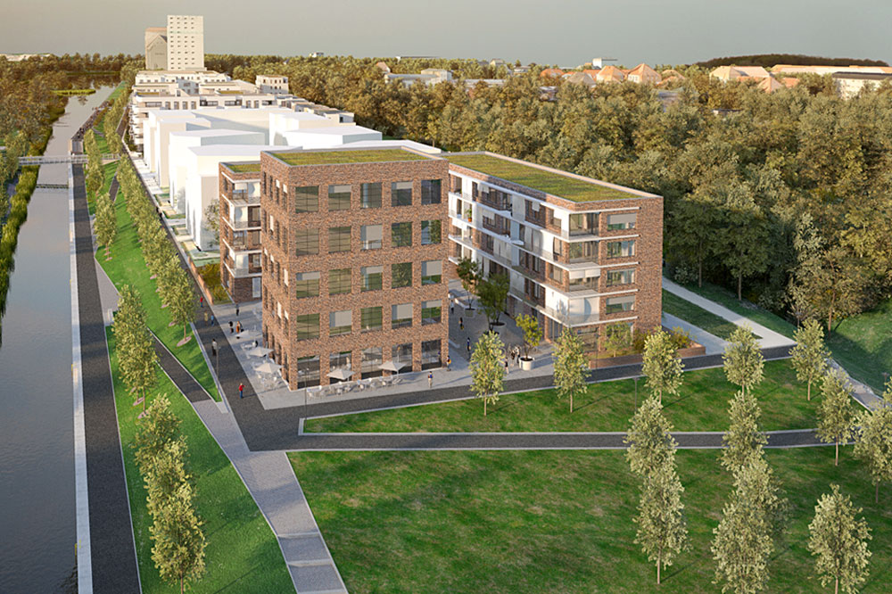 Künftiger Blick von Tankstelle Lützner Str. auf das neue Wohngebiet Lindenauer Hafen. Quelle: vectorvision