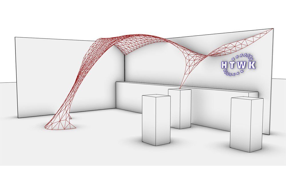So wird der zusammensteckbare HTWK-Stand „ParaKnot3D“ auf der Designers’ Open 2017 aussehen. Foto: Christoph Dijoux, FLEX Team/HTWK Leipzig