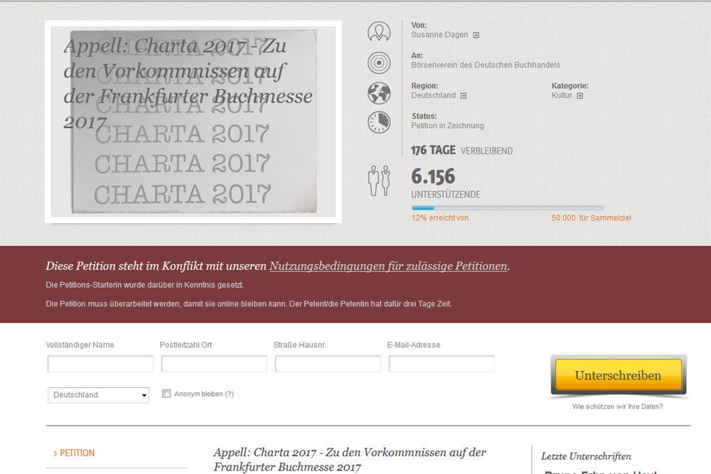 Die Petition. Screenshot: L-IZ