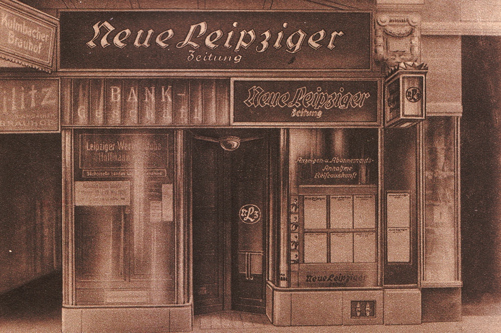 Die NLZ fand Ende November 1932 den Mut, eine Streitschrift zu drucken, die sich deutlich gegen die NSDAP wandte. Filiale der NLZ auf der Petersstra&szlig;e. Foto: NLZ (Bilderwoche, 1926)