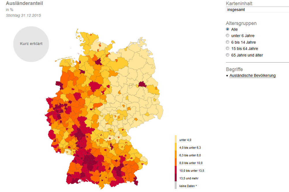 Ausländeranteil in der Bundesrepublik 2015. Grafik: Bundesamt für Statistik