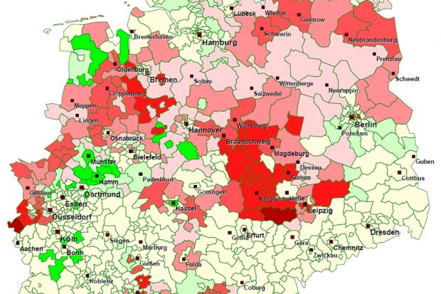 Nitratkarte: der Ausschnitt mit den hochgradig belasteten Regionen in Thüringen, Sachsen-Anhalt und Nordwestsachsen. Karte: VSR