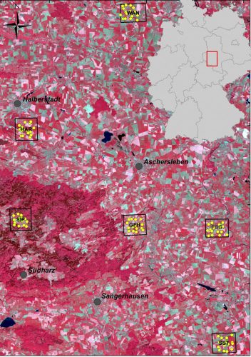 Die sechs Untersuchungsstandorte in Mitteldeutschland Foto: UFZ, Bildquelle: Landsat 5 TM, Falschfarbenbild). Plos ONE 12(10): e018559