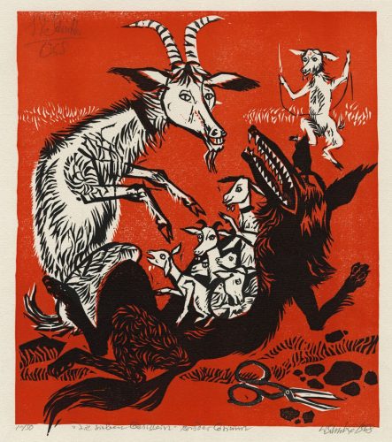 Werner Schinko: Die sieben Geißlein, Farbholzschnitt, 1968. Entwurf für Titelbild der pädagigischen Fachzeitschrift „Die Unterstufe“. Leihgabe: Barbara Schinko
