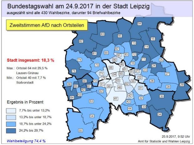 AfD-Wahlergebnis (Zweitstimmen) zur Bundestagswahl am 24. September. Karte: Stadt Leipzig, Amt für Statistik und Wahlen