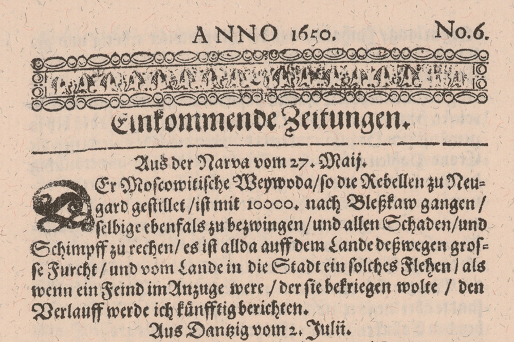 Titelseite der „Einkommenden Zeitungen“ von 1650. Foto: DNB