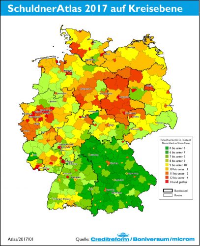 Karte zum SchuldnerAtlas 2017. Grafik: Creditreform