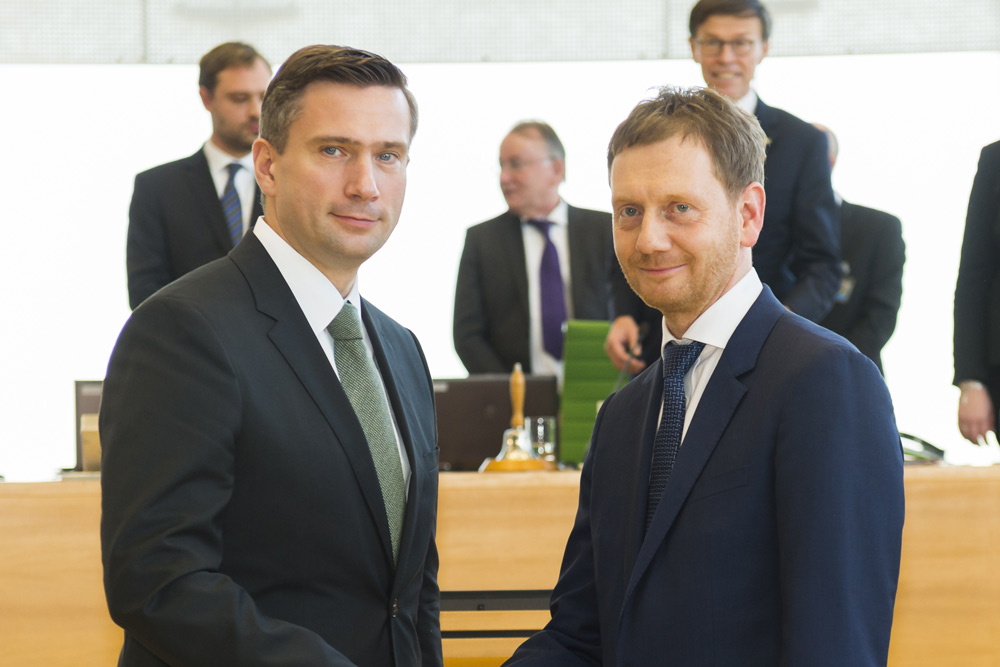 Martin Dulig (SPD) und Michael Kretschmer (CDU) bei der Amtseinführung von Michael Kretschmer 2018. Foto: Freistaat Sachsen, Matthias Rietschel