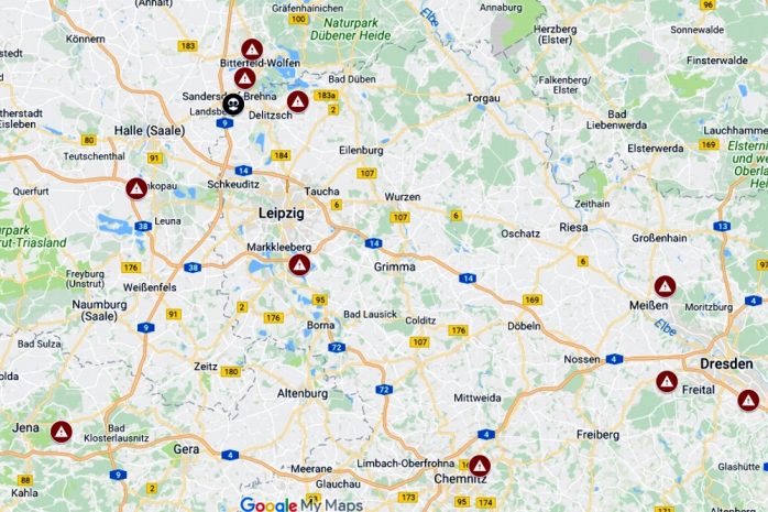 Giftmüll auf Abwegen: Die betroffenen Deponien rings um Leipzig, Halle, Dresden und Chemnitz. Map von Muellrausch.de