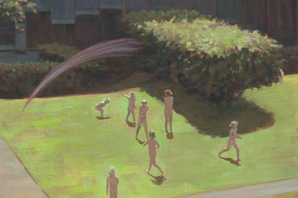 Titel „Poesiealbum neu“. Gemälde „Rasensprenger II“ von Katrin Kunert