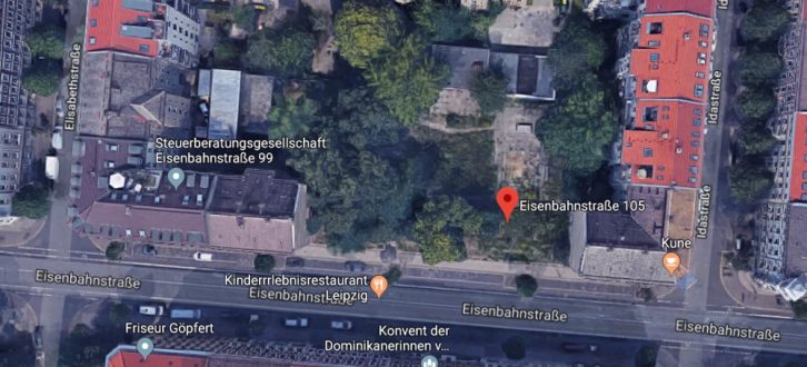 Das Gelände an der Eisenbahnstraße 105 im Leipziger Osten. Quelle: Satellit Google-Maps
