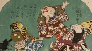 Fächerbild » Kröte, Tiger, und Fuchs bei einem Fingerspiel« von Ichiyusai Kuniyoshi (Detail), GRASSI Museum für Völkerkunde