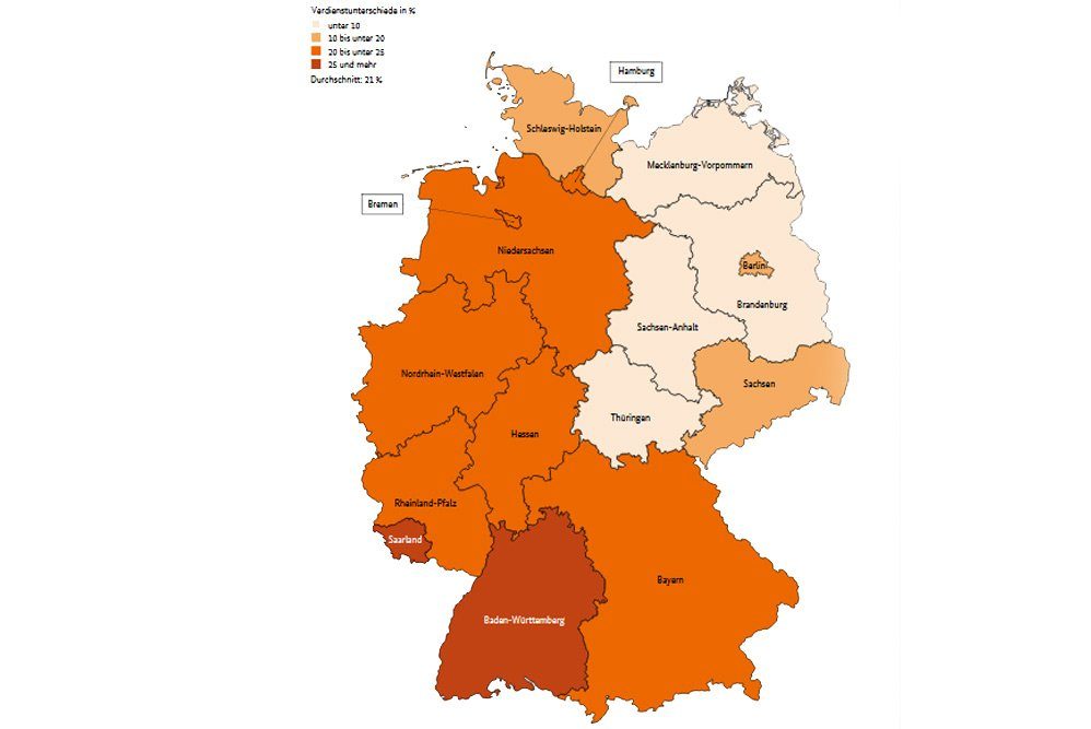 Verdienstunterschiede zwischen Männern und Frauen nach Bundesländern. Karte: "Atlas zur Gleichstellung von Frauen und Männern in Deutschland" des BMFSFJ