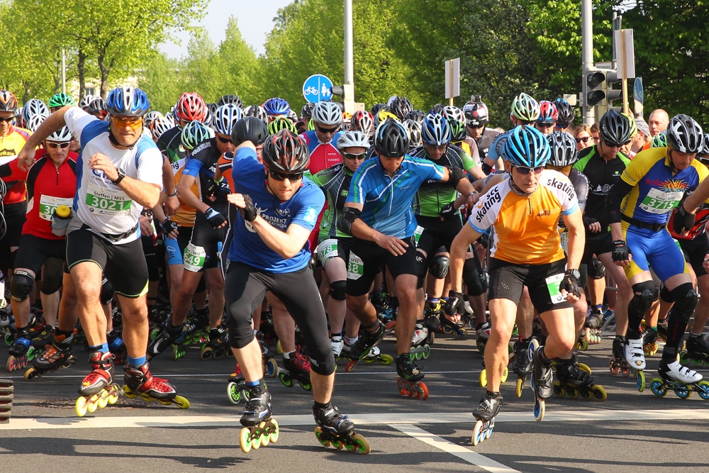 42. Leipzig Marathon am 22.04.2018. Im Bild: Start des Halbmarathon Inliner, Skater, Am Sportforum. Foto: Jan Kaefer