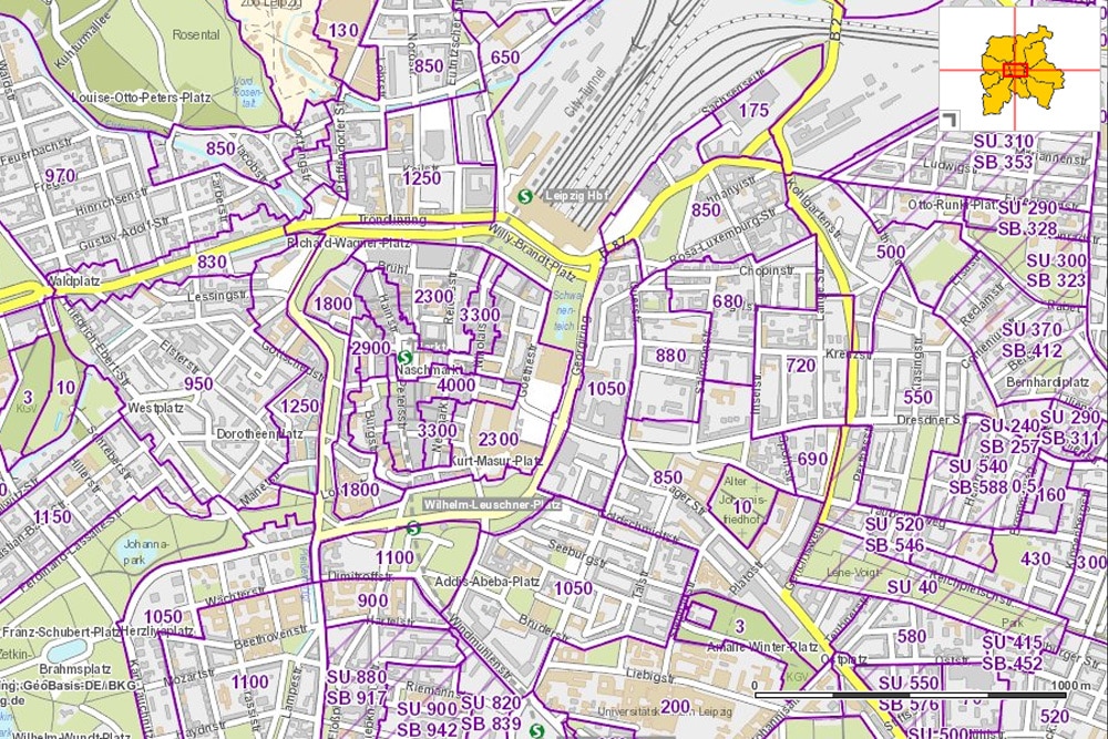 Bodenrichtwerte in der Leipziger Innenstadt. Karte: Stadt Leipzig