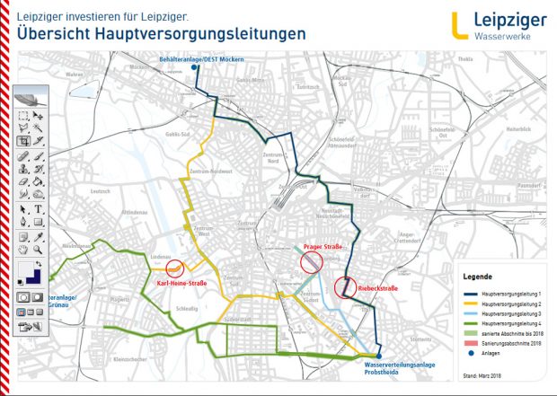 Die Hauptversorgungsleitungen der Kommunalen Wasserwerke Leipzig mit den eingezeichneten Baustellen 2018. Grafik: KWL