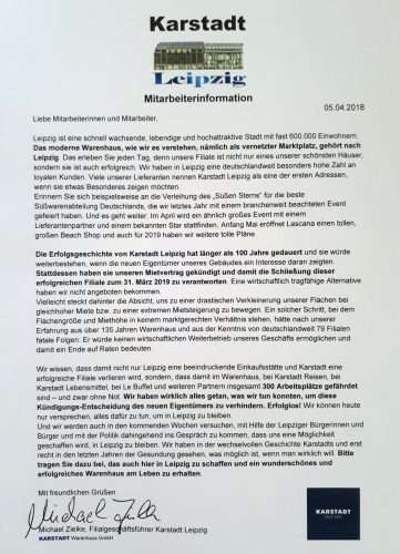 Der Mitarbeiter-Brief an die Karstadt-Belegschaft. Repro: L-IZ