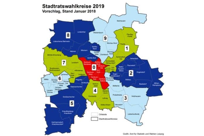 Die neuen Wahlkreise zur Kommunalwahl 2019. Bild: Stadt Leipzig / Statistikamt