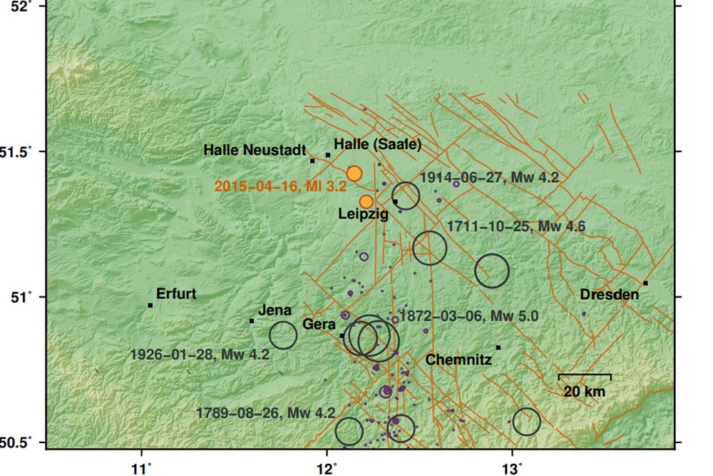 Registrierte Erdbeben in Mitteldeutschland. Karte: GFZ Potsdam
