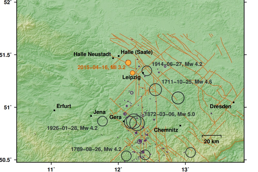 Registrierte Erdbeben in Mitteldeutschland. Karte: GFZ Potsdam