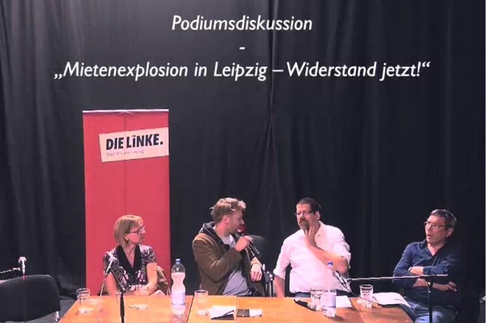 Die Debatte "Mietenexplosion-Widerstand Jetzt" im Ostpassage-Theater an der Eisenbahnstraße. Foto: Videoscreen L-IZ.de