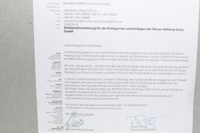 Ein Solidaritätsschreiben von den Arbeitnehmervertretern der BMW-Group. Foto: Michael Freitag