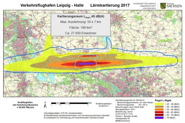 Ein Nachtfluggebiet ohne Südabkurvung - so sieht die Berechnungsgrundlage des LfULG aus. Karte: Freistaat Sachsen, LfULK