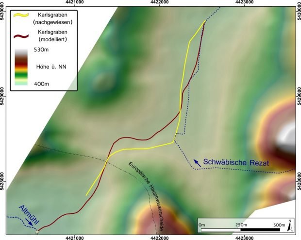Vergleich des nachgewiesenen und modellierten Verlaufes des Karlsgrabens. Foto: Schmidt et al. 2018, PLOS ONE