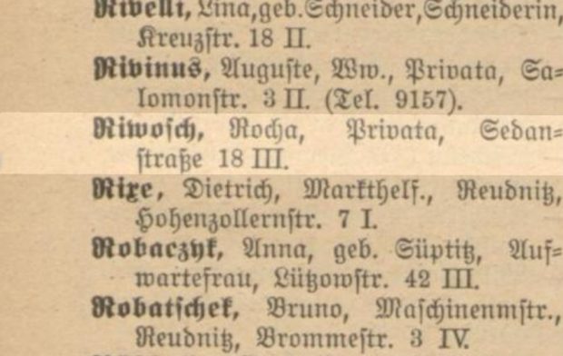 Rocha Riwosch, die Mutter von Dina, im Leipziger Adressbuch 1918. Screenshot: L-IZ
