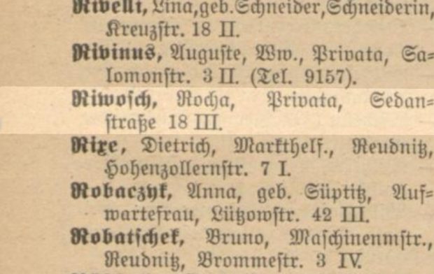 Rocha Riwosch, die Mutter von Dina, im Leipziger Adressbuch 1918. Screenshot: L-IZ