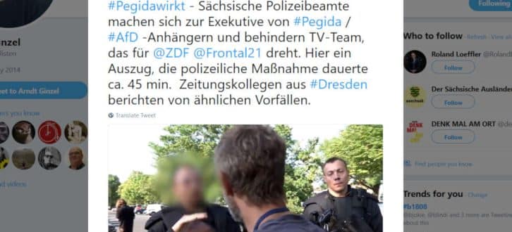Arndt Ginzel wurde in Dresden von Polizisten festgesetzt. Screenshot L-IZ.de von twitter.com/GKDJournalisten