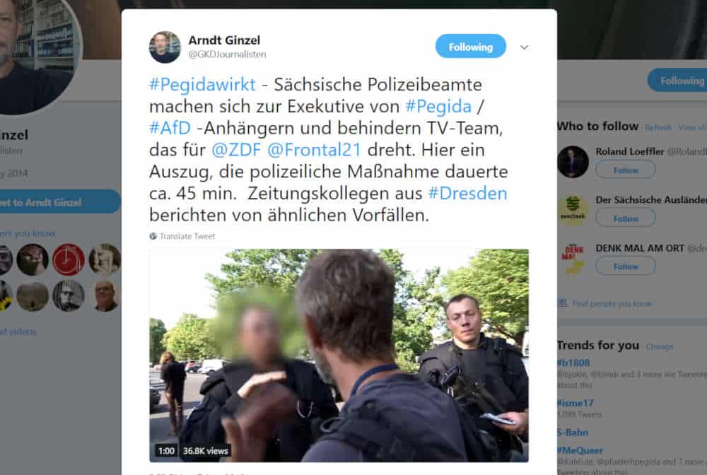 Arndt Ginzel wurde in Dresden von Polizisten festgesetzt. Screenshot L-IZ.de von twitter.com/GKDJournalisten