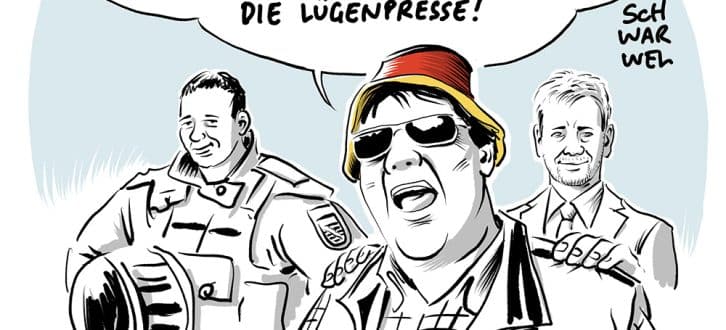 Karikatur von Schwarwel zum Stand 18. August 2018. Der Ministerpräsident Kretschmer stellt sich hinter seine Polizei. Karikatur: Schwarwel.de