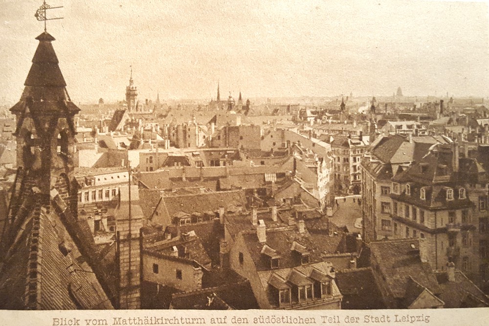 Der Blick über Leipzig zum Beginn des 20. Jahrhunderts. Historische Postkarte von Fischer & Wittig Verlag Leipzig. Foto: Marko Hofmann
