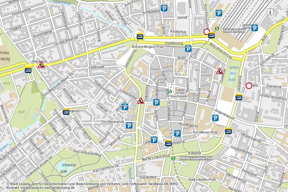 Leipziger Verkehrsinformationssystem mit City-Baustellen. Screenshot: L-IZ