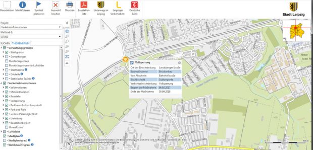 Leipziger Verkehrsinformationssystem - hier der Kartenausschnitt mit der Baustelle Landsberger Brücke. Screenshot: L-IZ