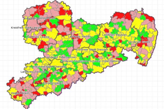 Selbst die digitale Karte des Freistaats zeigt dutzende Kommunen in