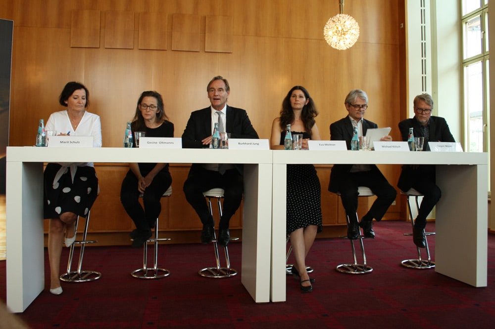 Pressekonferenz zum Lichtfest 2018: Marit Schulz, Gesine Oltmanns, Burkhard Jung, Eva Meitner. Michael Koelsch und Jürgen Meier. Foto: Ralf Julke