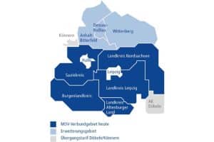 Die Abbildung zeigt schematisch das heutige Verbundgebiet des MDV sowie die geplante Verbunderweiterung ab Dezember 2019. Grafik: Stadt Leipzig