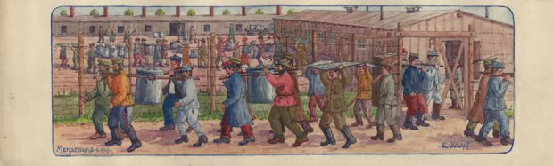 Transport der großen Suppentöpfe im Merseburger Kriegsgefangenenlager, Aquarell von Emile Oudart 1917. Foto: Maxime Spora, Paris