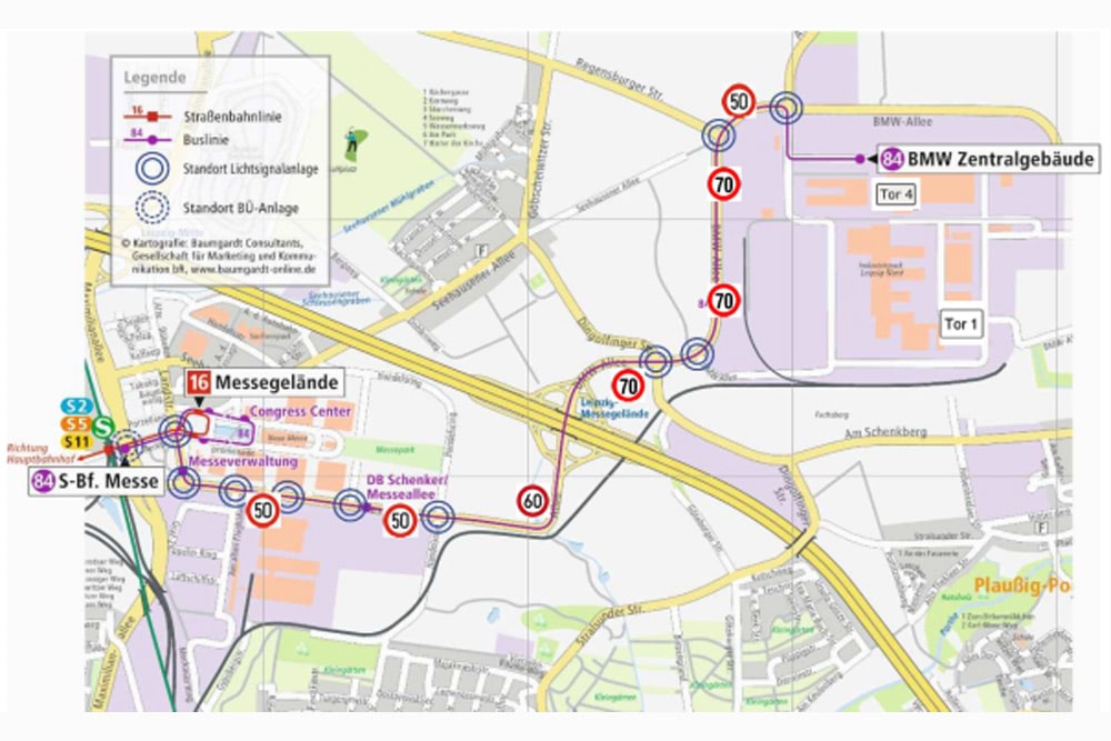 Die geplante Teststrecke zwischen Messe und BMW-Werk. Karte: Stadt Leipzig