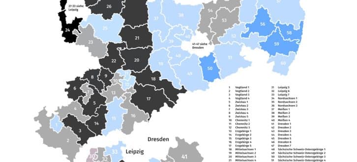 Prognose für die Direktmandate bei der Landtagswahl 2019 in Sachsen. Karte: Wahlkreisprognose.de