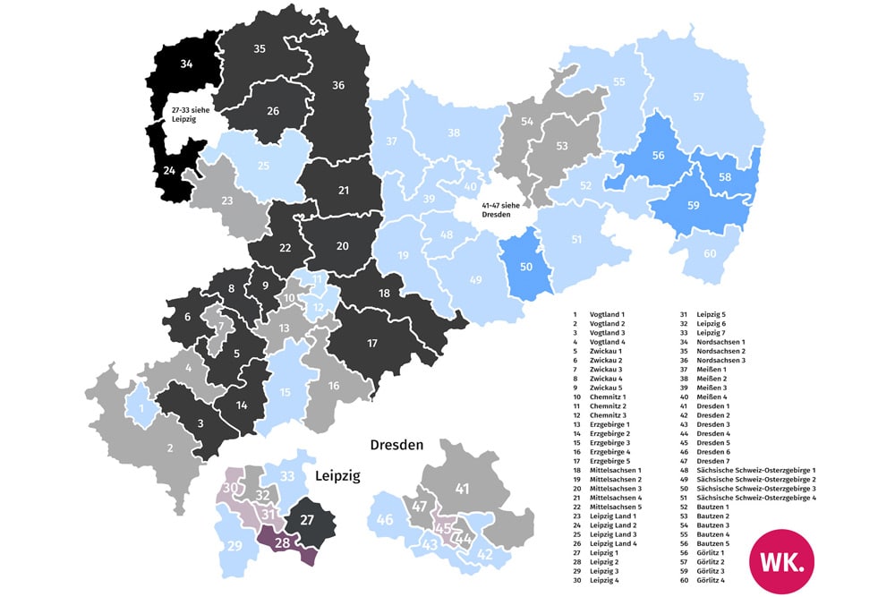 Prognose für die Direktmandate bei der Landtagswahl 2019 in Sachsen. Karte: Wahlkreisprognose.de